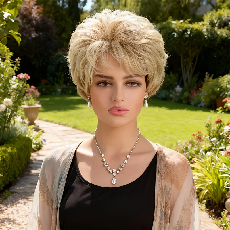 

Elegant, fluffy, fashionable silver-gray synthetic wig with bangs, top-of-the-head scalp medium-length hair wig, perfect summer