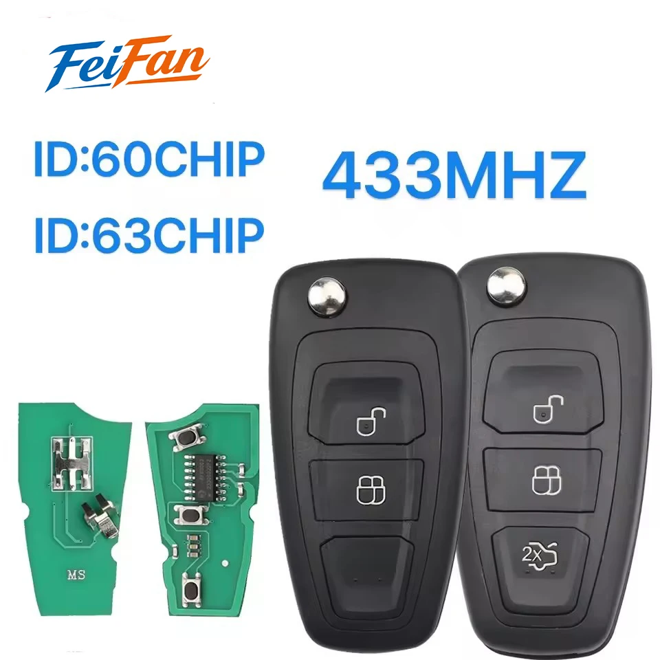 FeiFan Car Flip Remote Key For Ford Focus Transit C-Max S-Max MK3 Mondeo 433MHz FSK / ASK ID:63/60 CHIP.