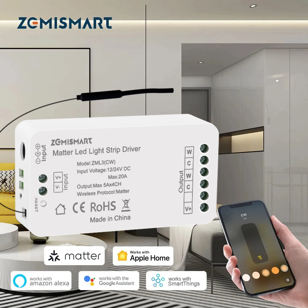 Matter Over WiFi CW WW Led Light Strip Driver 2700K-6500K Smart Led Controller Homekit Smartthings Alexa Google Home App