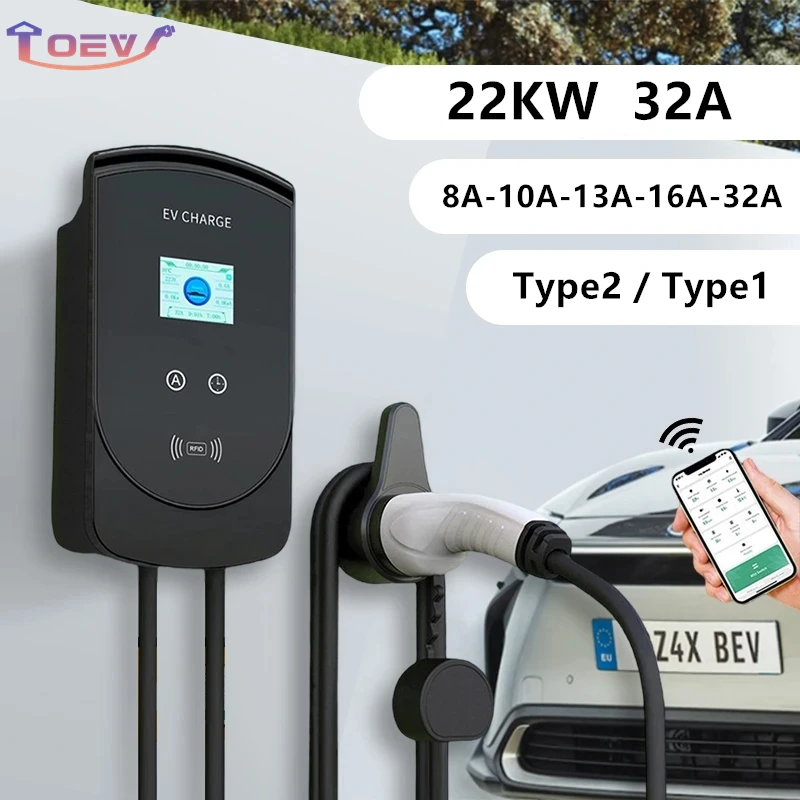 New EV Charger 22KW 3Phase Electric Vehicle Car Charging Station 32A EVSE Wallbox Wallmount Type 2 Type 1 with APP Wifi Cards