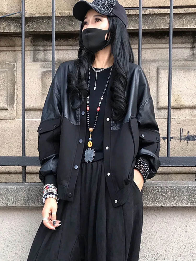 Amax luluE 2024 Spring Women Fashion Loose Vintage Faux Leather Cotton Jackets Ladies Luxury Punk Pu Coats Black Biker Outerwear