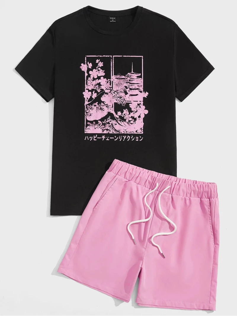 Summer Outdoor Casual Mens Two Piece Set Under the Cherry Blossom Tree Print Crew Neck T-Shirt and Shorts Set Everyday Menswear