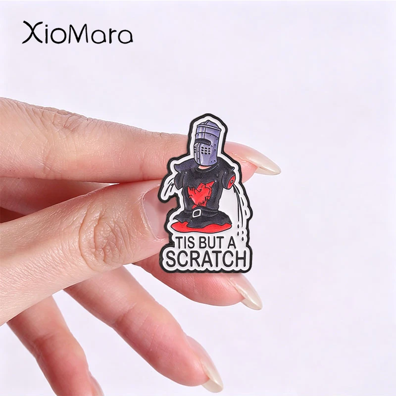 Cartoon Retro Knight Badge TIS BUT A SCRATCH Enamel Pins Fashion Lapel Metal Brooches Backpack Clothes Jewelry Gift for Friends