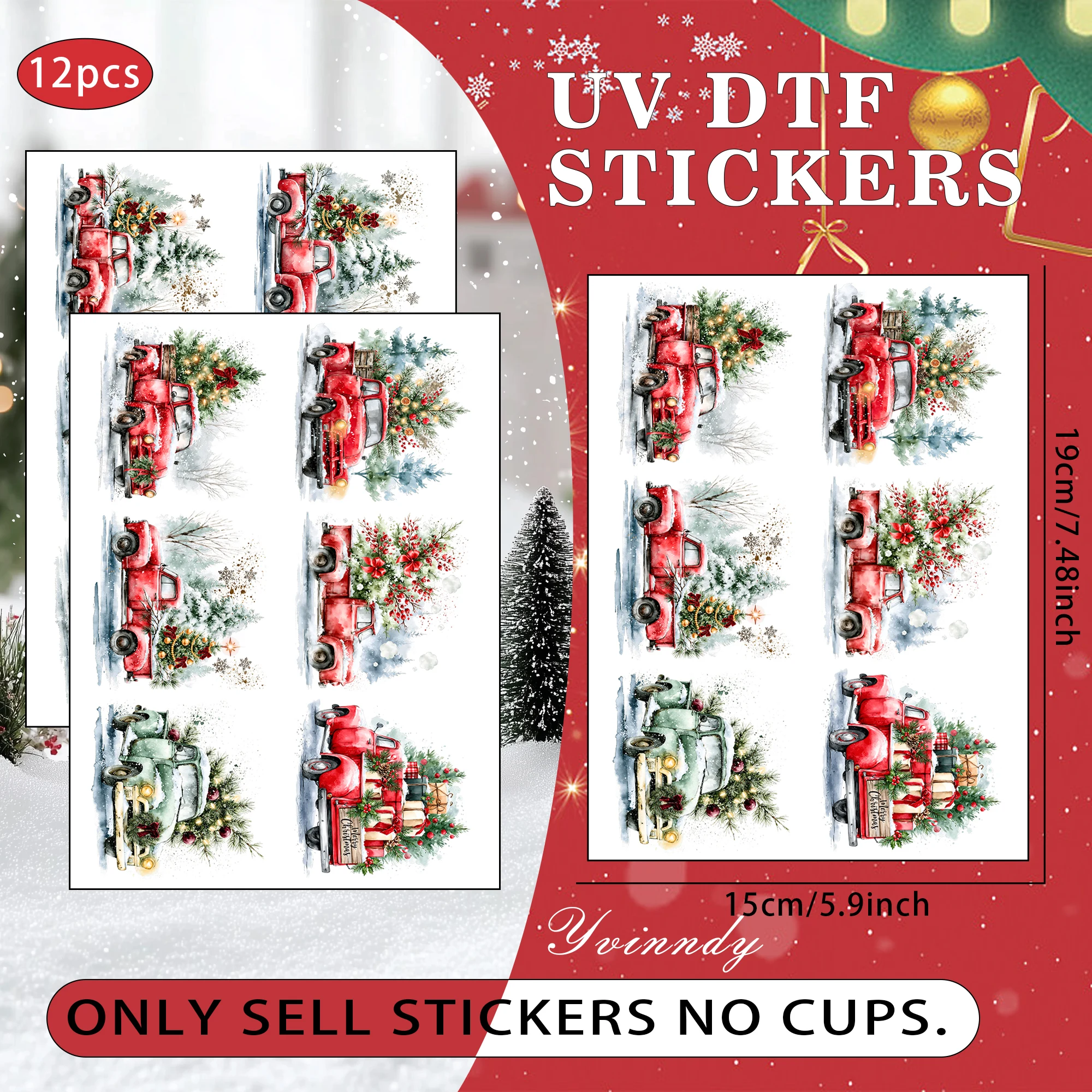 12Pcs/Set Retro Christmas Pikachu Glass Jar Packaging Stickers UV DTF High Self Adhesive Transfer Paper