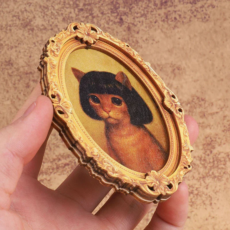 1Pc Mini Oval Retro Wooden Photo Frame Fridge Magnet Funny Cat & Haircut Modern Kitchen Decor Durable Refrigerator Ornament