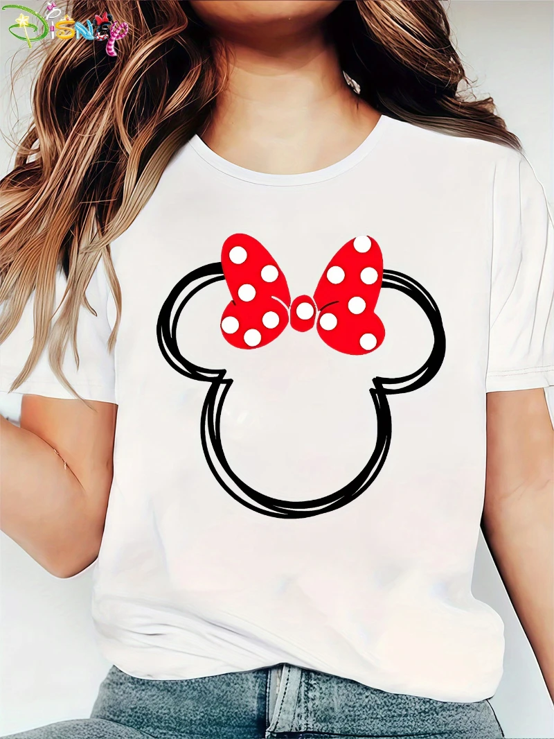Camiseta feminina Disney Minnie Mouse – Top oficial de algodão com estampa de laço vermelho e confortável de manga curta com design macio de gola redonda