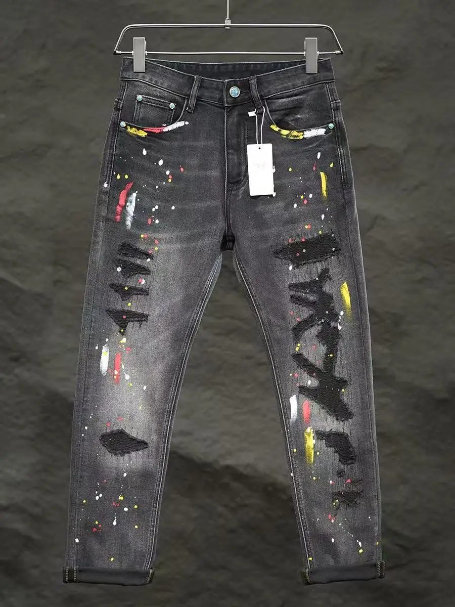 

Men's Slim Fit Straight Leg Jeans fiti Hole Casual Loose Inked Street Sle Vintage Long Bla ey Cotton Stretch Denim