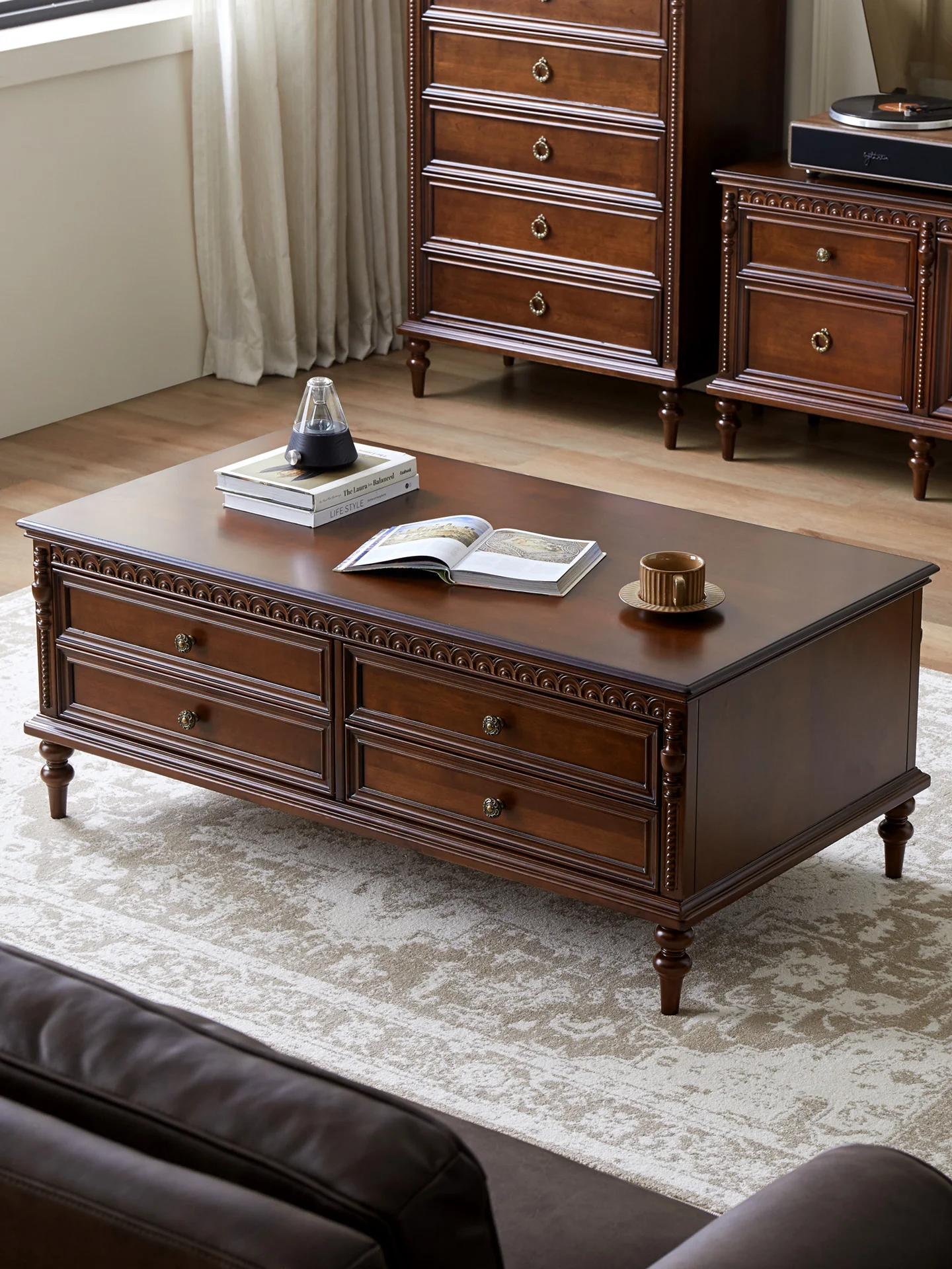 Table basse en bois massif pur, salon rétro double couche pour usage domestique