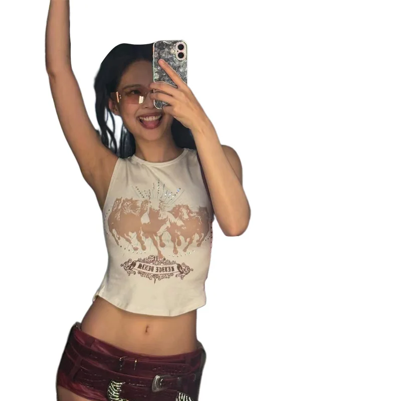 

Fashion Trend 2025 Summer New Women's Personalized Spicy Girl Letter Printed Sleeveless Round Neck Short Back Tank Top