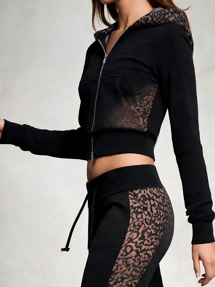 

Fashionable sweet and cool style solid color gradient leopard print sports zipper hooded casual hoodie top, comfortable