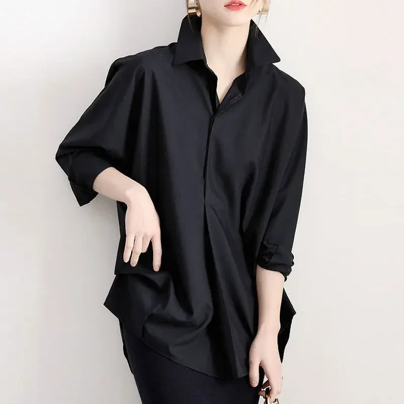 

Spring Summer Loose Commute Solid Color Shirt Women's Clothing Fashion Single-breasted Korean Polo-Neck Long Sleeve Midi Blouse