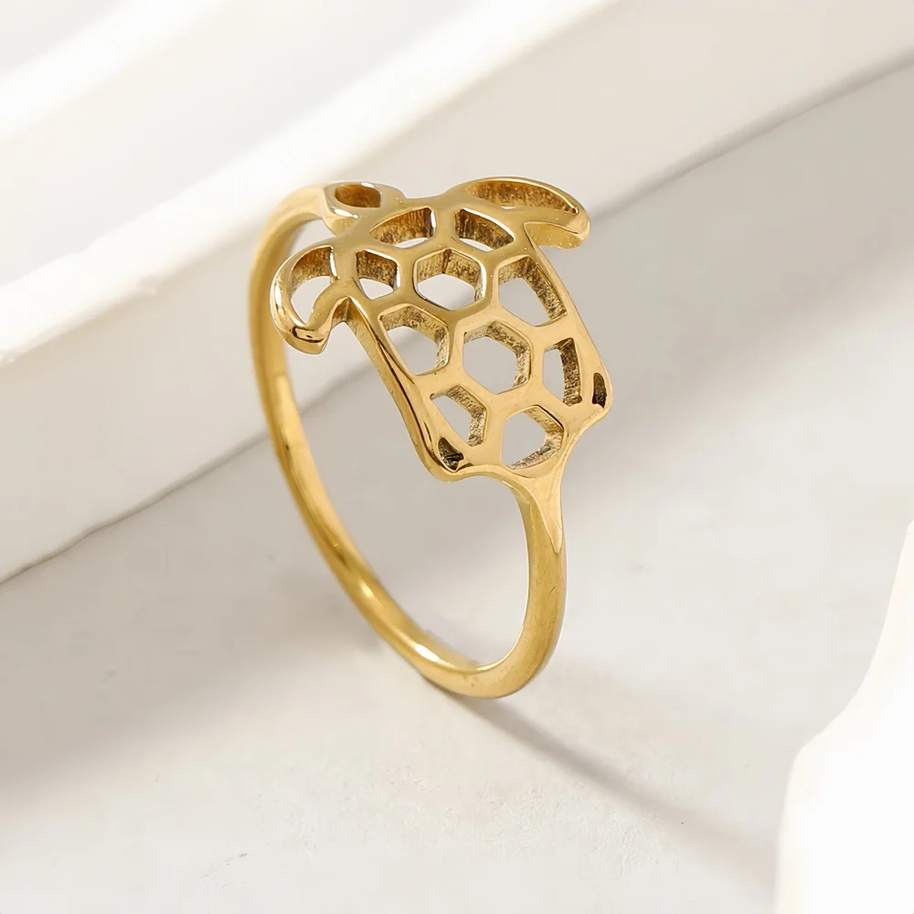 Gold Color Stainless Steel Women's Ring with Flower Butterfly Moon Phase Wave Geometric Design Fashion Jewelry Gift