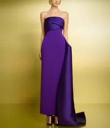 Customized Long Purple Crepe Evening Dresses With Back Train Sheath Satin Pleated Ankle Length Wedding Guest Dress for Women