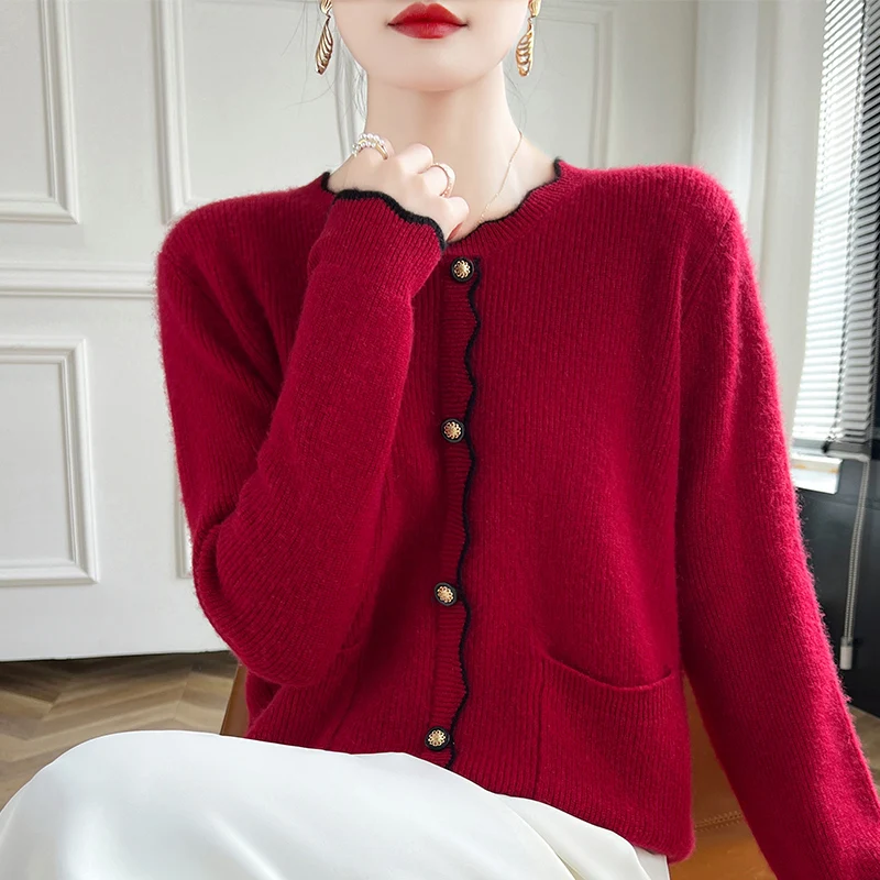 Модный женский 100% меринос, новый воротник с рюшами и пуговицами, вязаный искусственный кардиган, свитер, пуловер с длинными рукавами, кашемировая мягкая одежда, топ