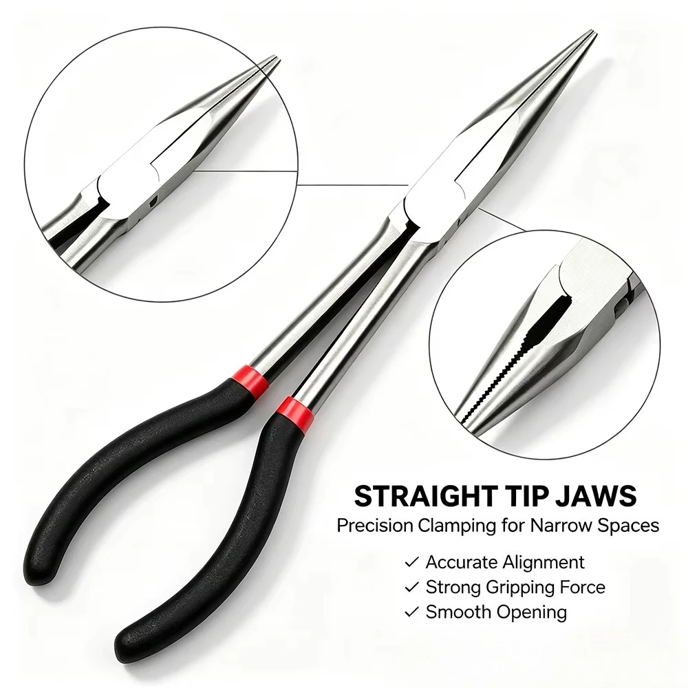 1PC Extended Handle Straight Needle Nose Pliers 11 Inch Heavy Duty Long Reach Plier for Hard-to-Reach Areas Machinery Repair