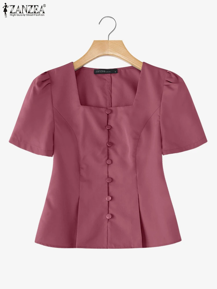 

Элегантная офисная блузка с квадратным вырезом 2025 ZANZEA, летняя рубашка, женская мода, облегающие топы с пышными рукавами, однотонная туника на пуговицах