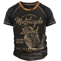 Motocicleta masculina camiseta vintage de manga curta com estampa 3D, blusa solta com decote o verão, camisas de motociclista, moda esportiva