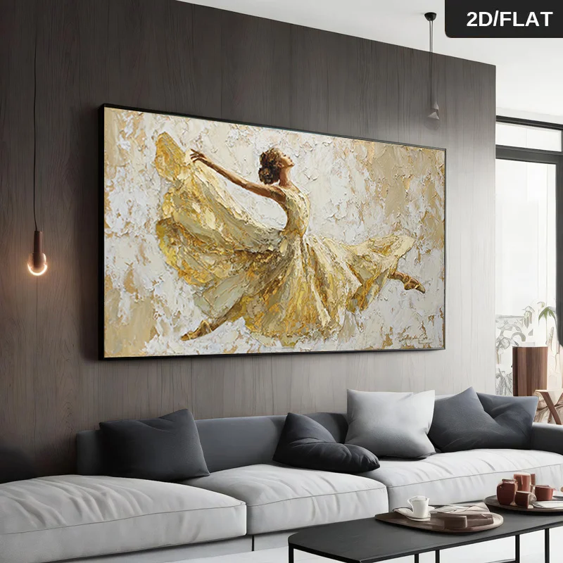 2D Flat Modern Abstract Golden Ballerina Canvas Wall Art- Unframed Retro Canvas Print Painting