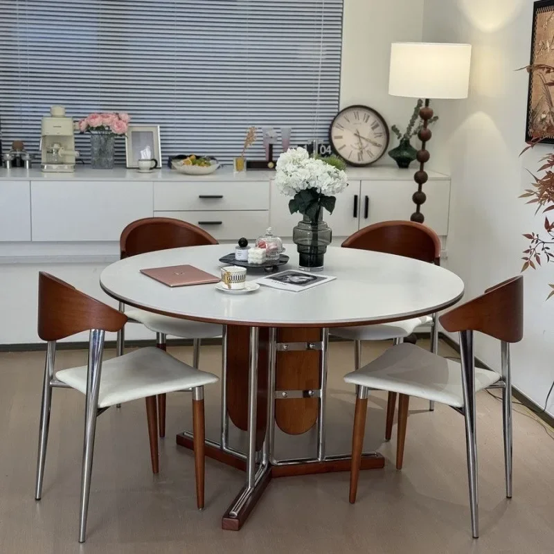 French retro solid wood dining table round with turntable household wabi sand matte rock slab round table