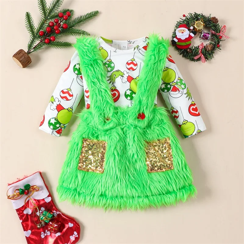 

Mubineo Baby Girls 2 Piece Outfits Christmas Ball Print Long Sleeves Romper and Plush Suspender Green Skirt Fall Spring Clothes