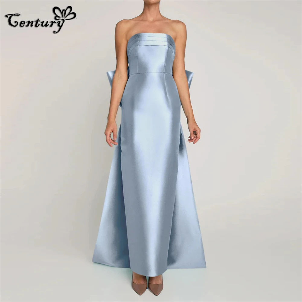 Sky Blue Prom Dress Long Detachable Train Big Bow Strapless Backless Satin Evening Party Gowns Robe De Soiree Customized