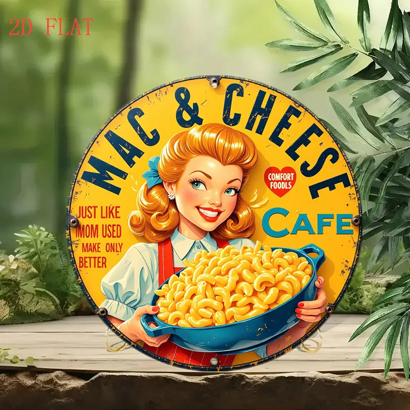 1pc Vintage Mac & Cheese Cafe Sign - Retro diner Poster with Cheerful waitress & macaroni dish  - Easy-Hang Kitchen, Diner