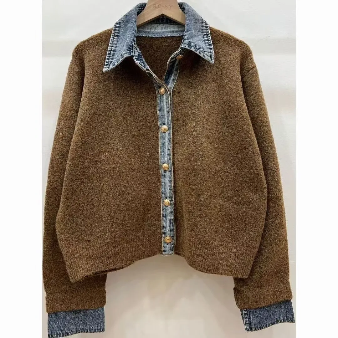 Coreano emenda denim camisa gola topos costura falso camisola de duas peças feminino outono cardigan versátil outwear feminino