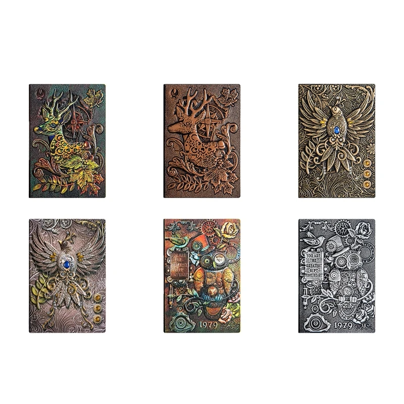 Y1UB 3D Embossed Leather Hard Cover Journal Notebook Vintage Diary Planner Notepad