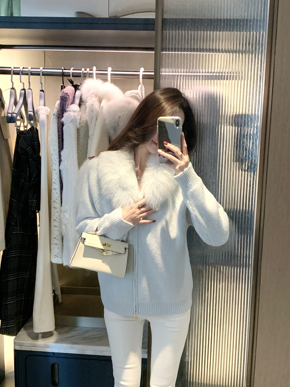 

JustQin Sea Salt 2025 Осенне-зимняя новинка: Женский вязаный свитер-пальто с меховым воротником и капюшоном, повседневный модный свитер с длинными рукавами