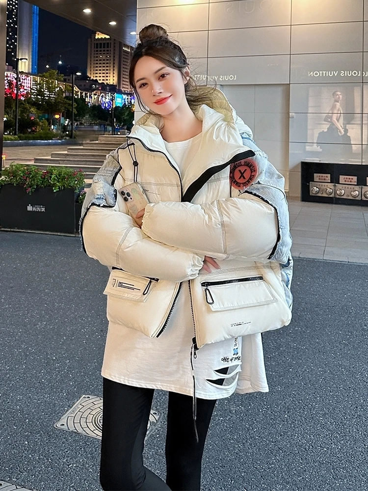 en duvet de pato blanco grueso para mujer, chaqueta con capucha de sección corta con personalidad de colisión de Color, empalme vaquero de moda