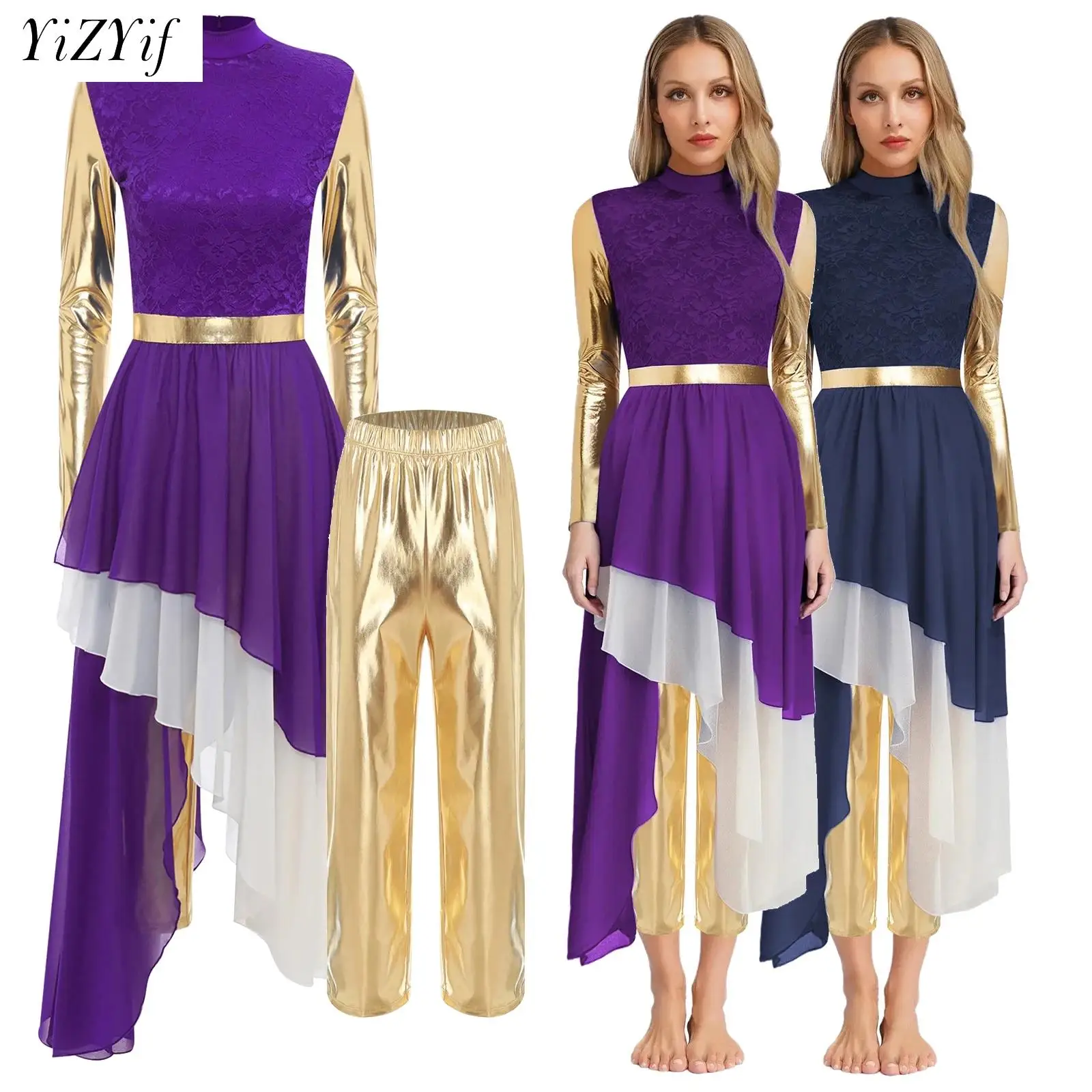 

Women Long Sleeve Praise Dance Dress Loose Fit Church Liturgical Worship Costume Irregular Skirt Modern Dance Dresses with Pants