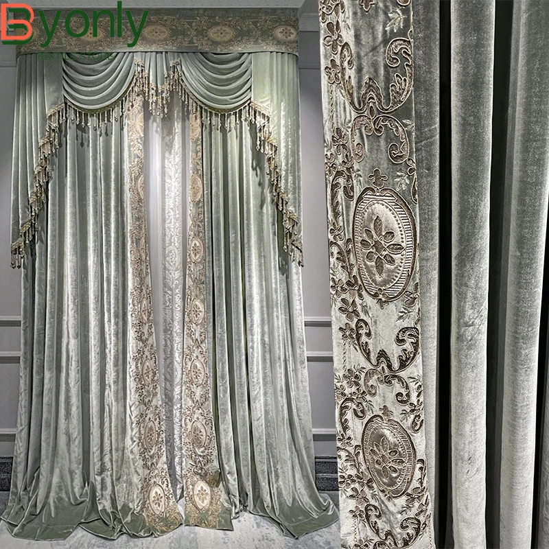 

Court Romantic Style Grey Green Velvet Embroidered Curtains for Bedroom Living Room High Window French Window Villa Custom