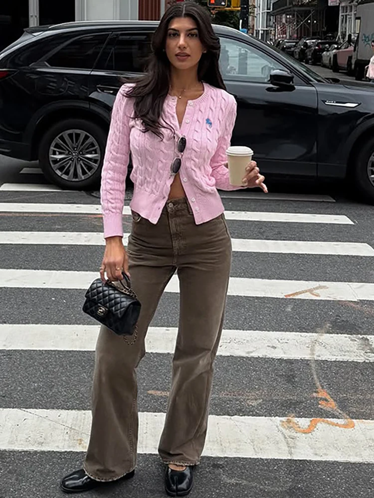 Fantoye вязаный кардиган с круглым вырезом, женский свитер, розовый однобортный свитер с длинными рукавами, женский осенний тонкий повседневный уличный свитер