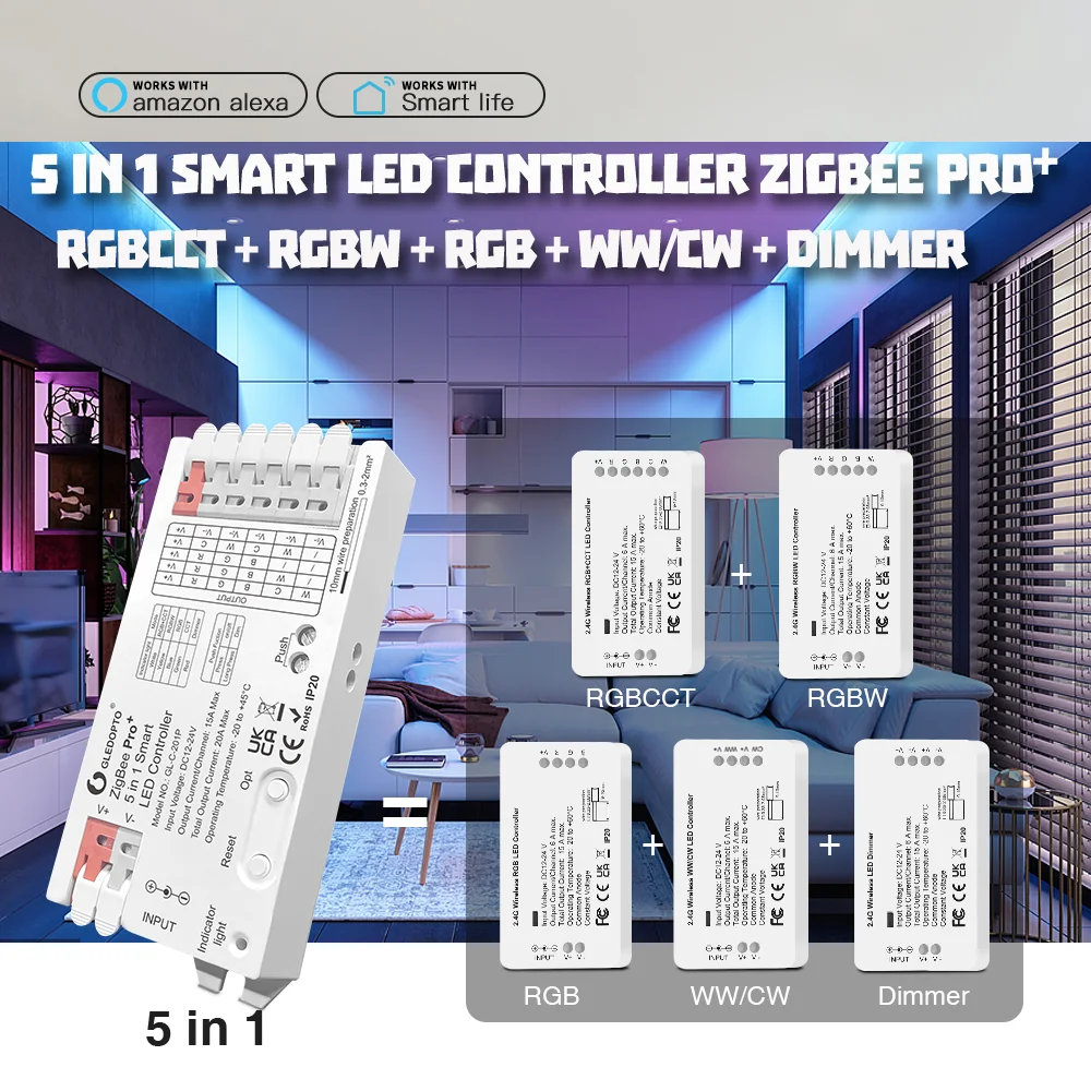 Controlador LED GLEDOPTO ZigBee 3,0 RGBCCT 12-24V 15A para Philips Hue Alexa SmartThings