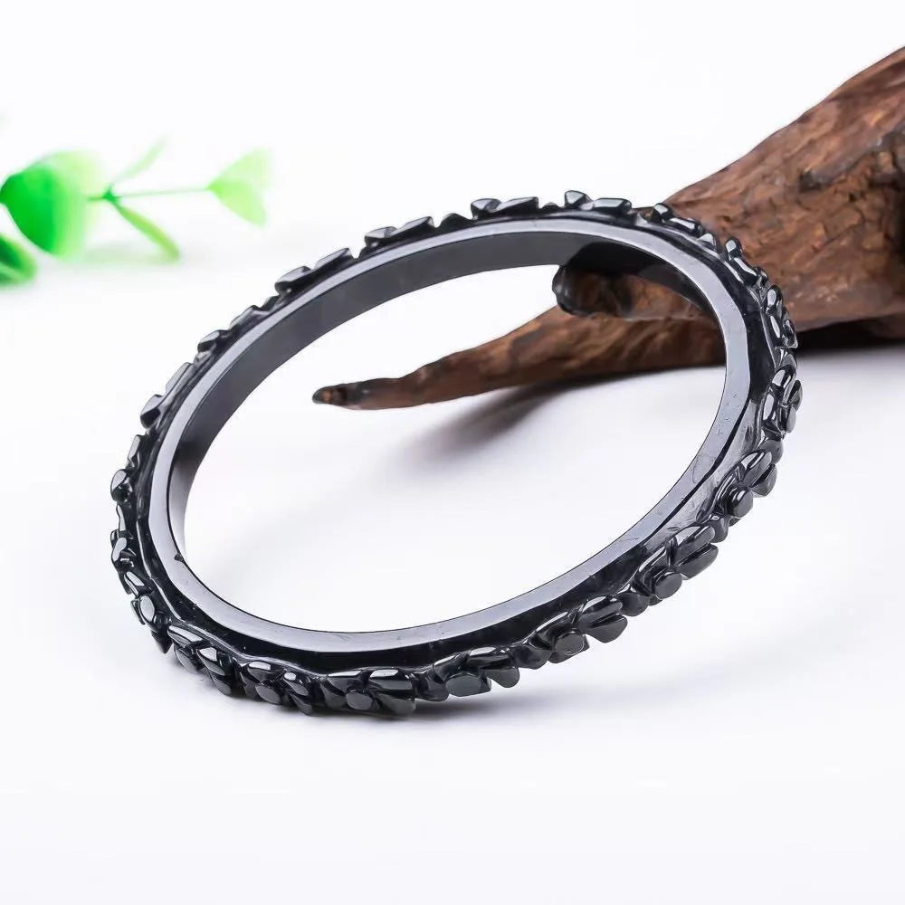 Natural Black Burmese Jadeite Flower Bangle Bracelet Designer Vintage Talismans Real Jade Luxury Accessories Gifts for Women