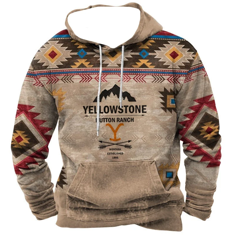 Autumn Men's Hoodie Long Sleeve Sweatshirt Vintage Yellowstone National Park Print Oversized Y2k Clothing Fashion Hoodis For Men