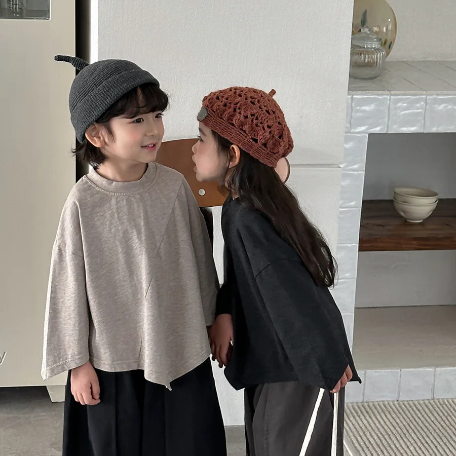 2026 Children's Spring New Long Sleeve Irregular T-shirt for Men and Women Baby Forest Series Simple Base Shirt