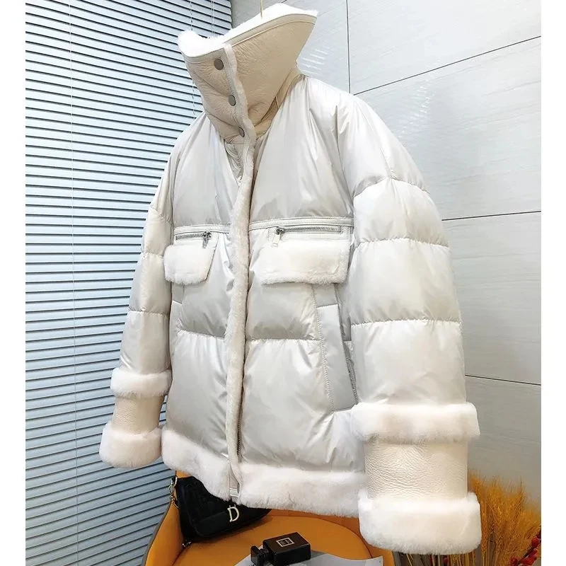 Winter Lamb Fur Coat Women Thick Faux Leather Sheepskin Coat Streetwear Waterproof Winter Shearling Bomber Jacket JJ675