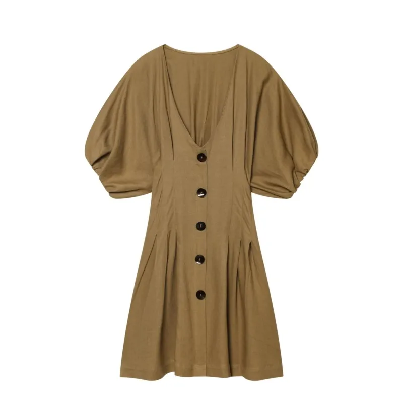 

Women's Simple Midi Dress New 2026 Spring Summer Women V Neck Short Sleeve Button Short Dress Solid Female Chic Mini Dress