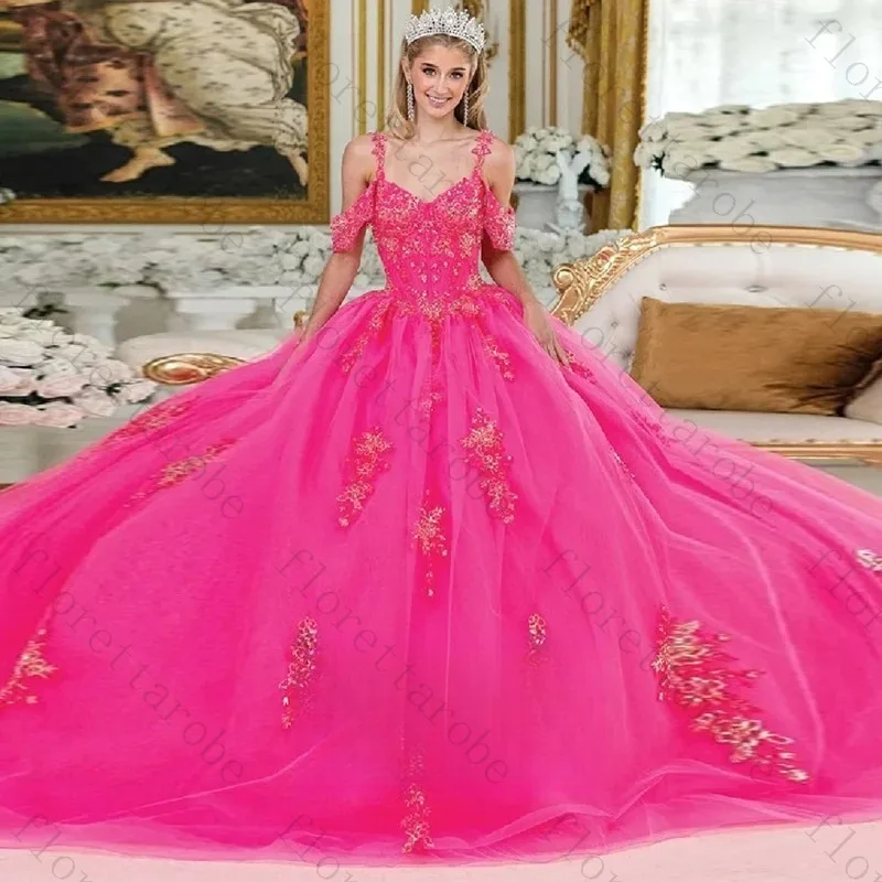 Customized Temperament Gorgeous Luxurious Rose Pink Quinceanera Dresses Off Shoulder Appliques Charming Fashion Ball Gown