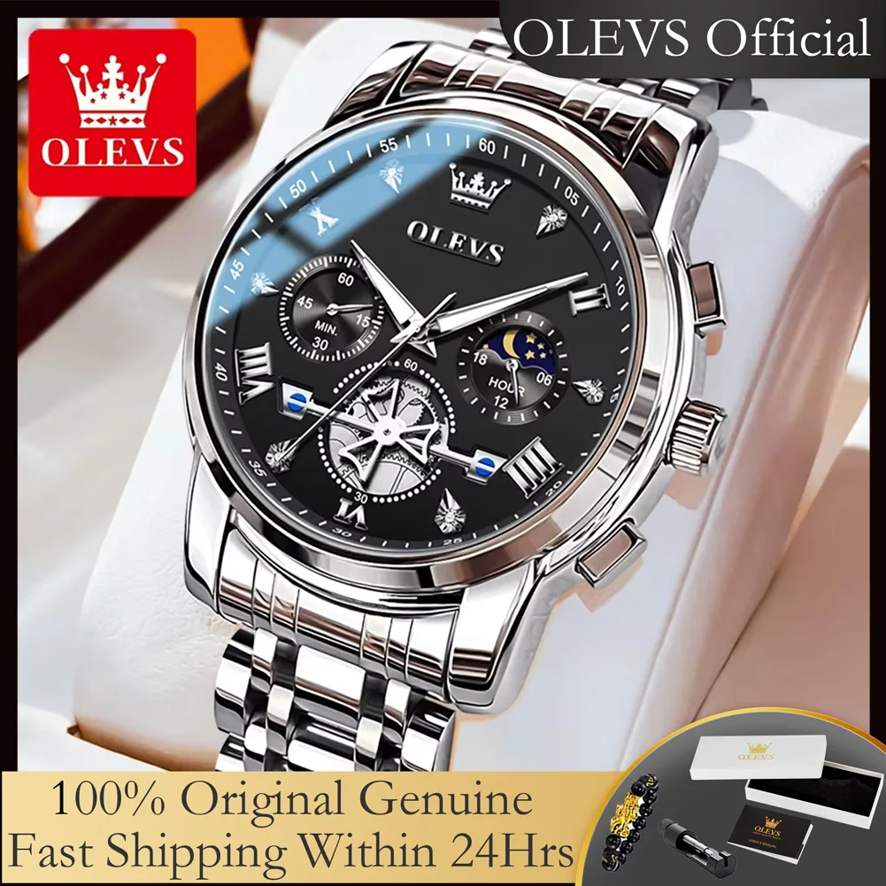 OLEVS 2856 Original Men's Watch Top Luxury Classic Flywheel Design Waterproof Chronograph Moon Phase Quartz Wrist Watch for Men