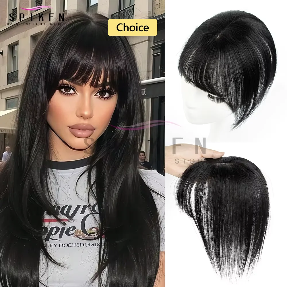 

SPIKFN Hair Topper Middle Part with Bangs 5x9cm Base Net 8"-14" Real Human Hair Topper Natural Straight Top Hairpieces For Women