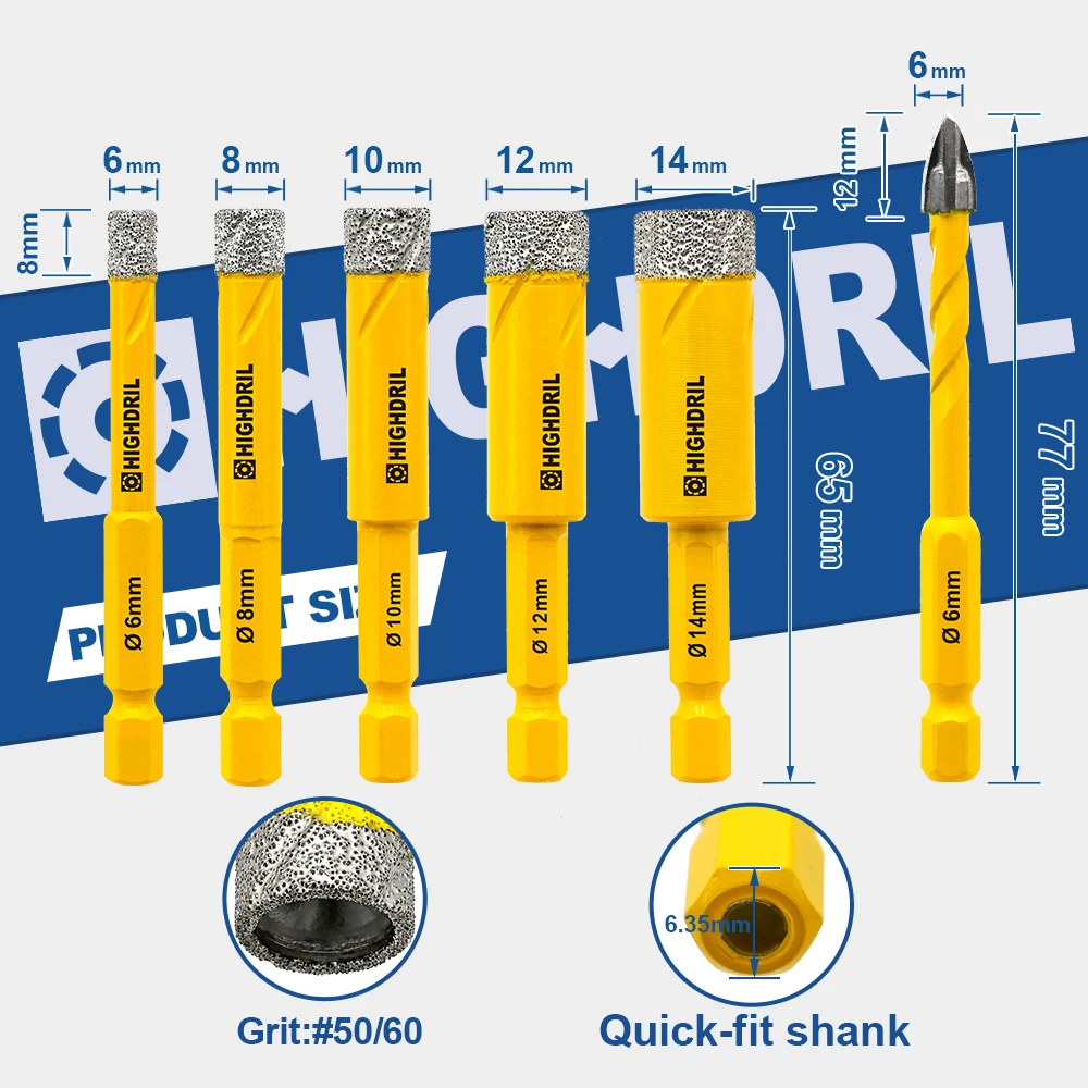 HIGHDRIL Trockendiamant-Bohrer-Set 6-14mm für Fliesen, Marmor, Granit, Keramik, Lochsäge mit Schnellwechsel-Schaftkernbohrer – Detail 3