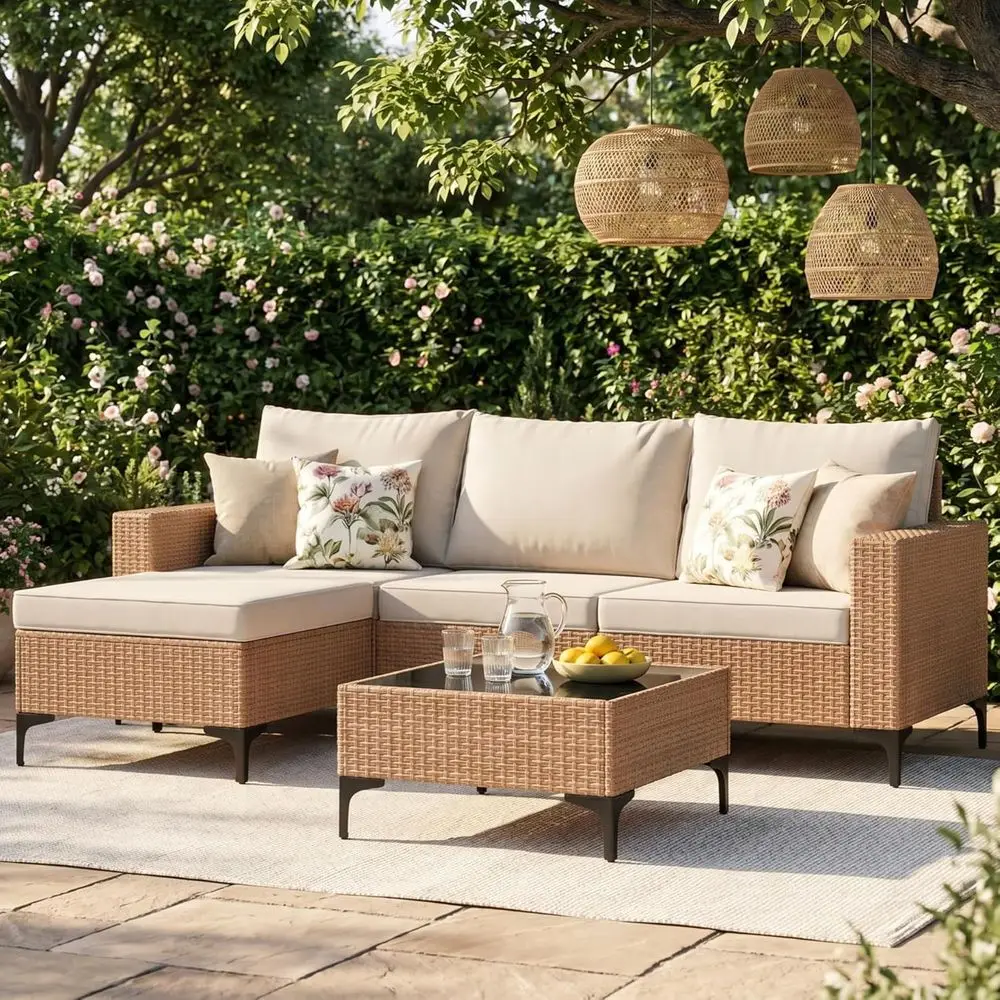 

5-Piece Wicker Outdoor Patio Furniture Set with Cushions for Backyard, Poolside, Garden (Beige)
