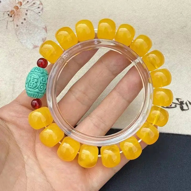 Optimized water cloud honey , yellow bracelet with exotic flower amber , old-style barrel beads