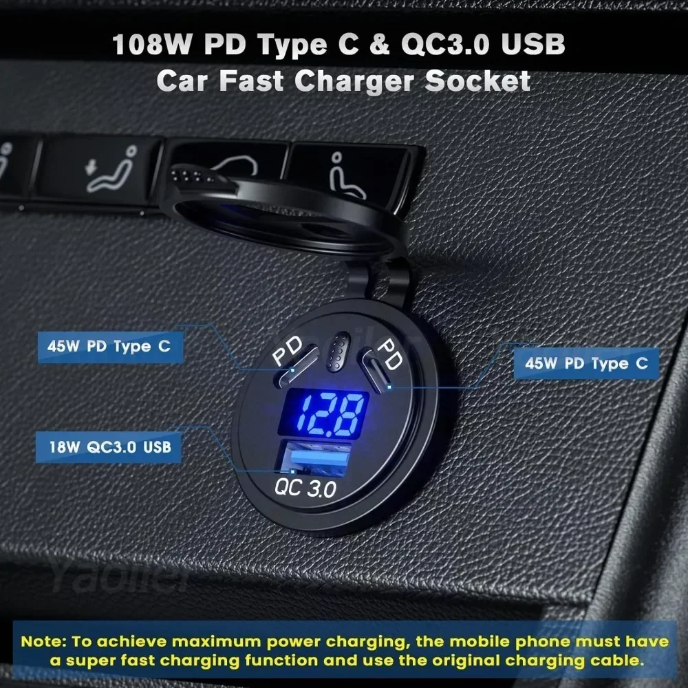 مقبس شاحن سيارة PD3.0 & QC3.0 منافذ USB C مزدوجة مقاومة للماء مع مفتاح لمس LED شحن سريع 12 فولت/24 فولت لمحول موتو