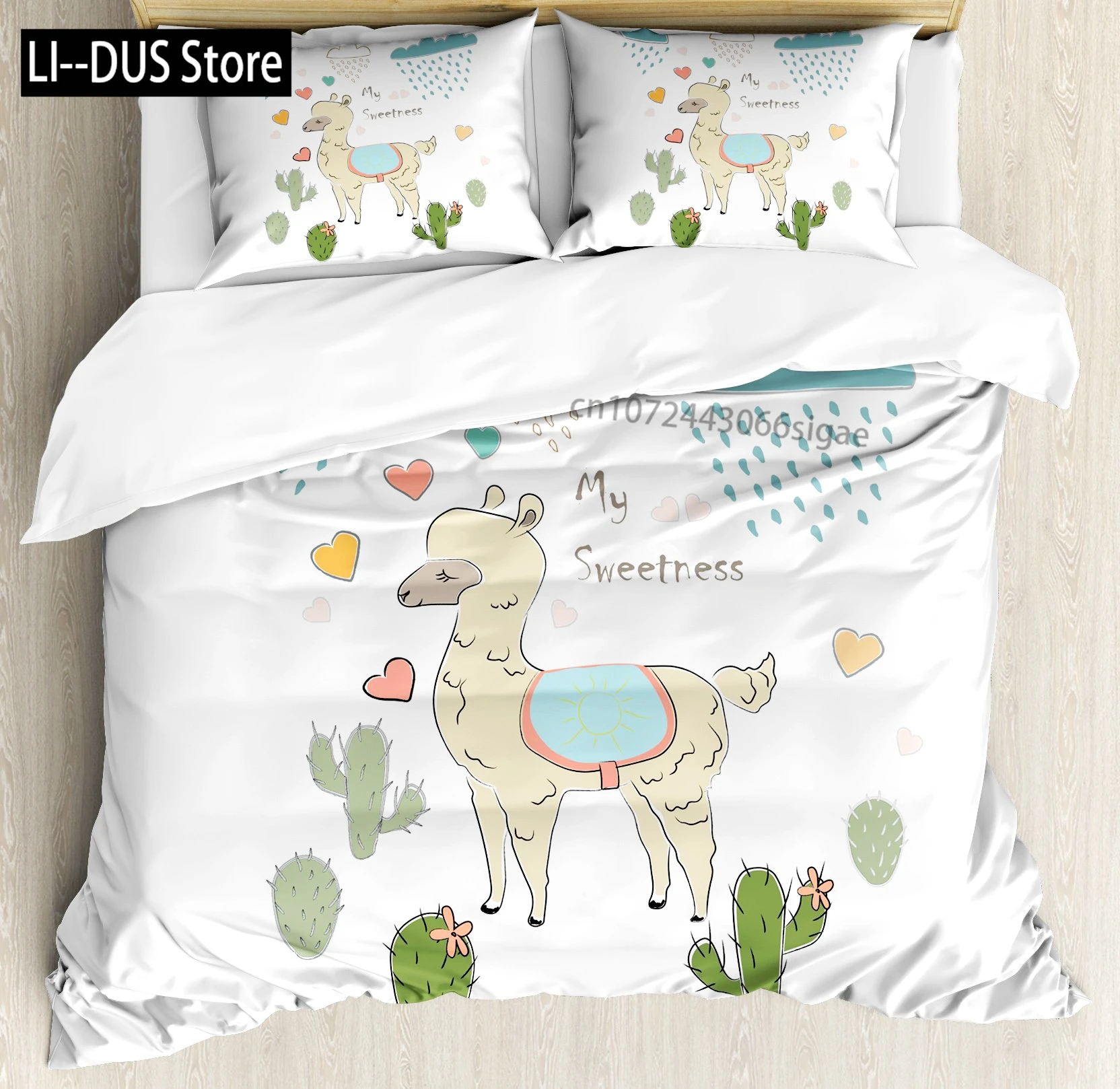 Lovely Cartoon Alpaca Llama Cactus Print Boys Girls Duvet Cover Set Full Size For Kids Teen Bedding Set Comforter Cover Decor