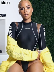 Kliou Women Full Sleeve Turtleneck Bodysuits Mesh Patchwork Letter Print Biker New Fashion Female Workout Street Casual Rompers