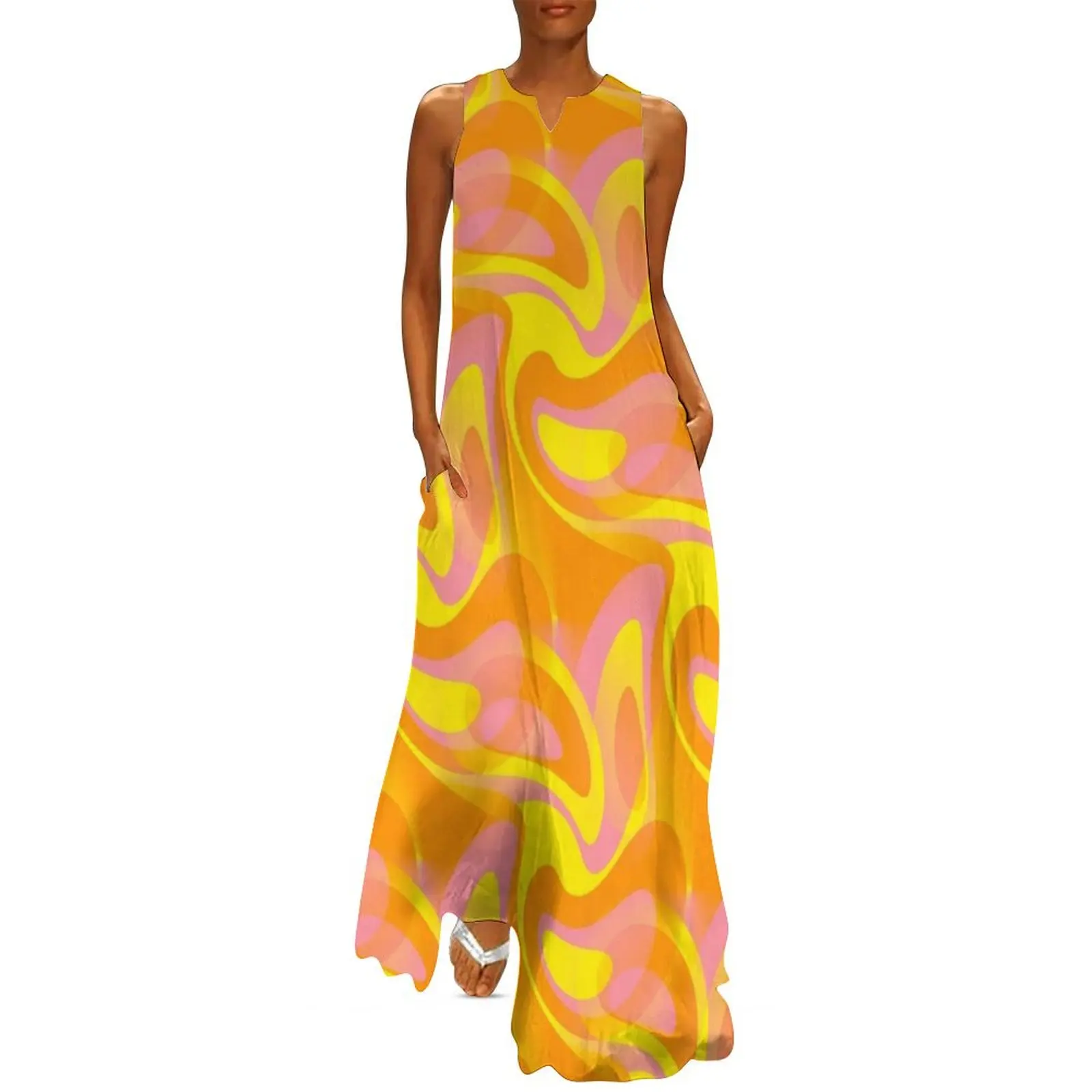 Feeling Groovy - 60's Mod Abstract in Orange, Pink and Yellow Long Dress birthday dress for women summer dress womens 2025