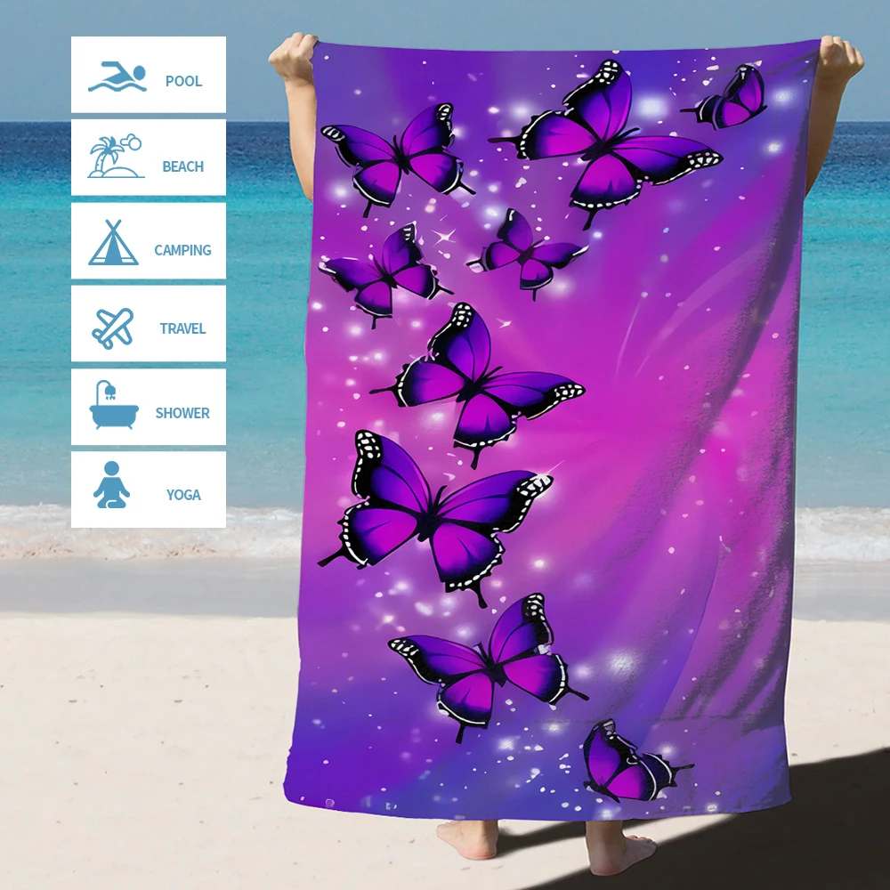 Serviette de plage en microfibre absorbante, motif papillon violet, anti-sable (1 pièce) - Légère, à séchage rapide, idéale pour la natation, le yoga et la plage_voghion.com